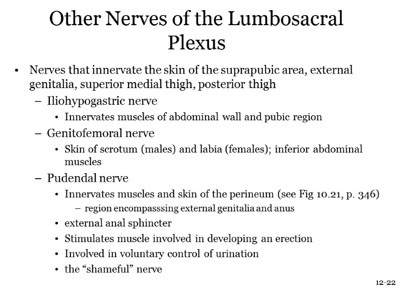 12-22 Other Nerves of the Lumbosacral Plexus Nerves that innervate the skin of the